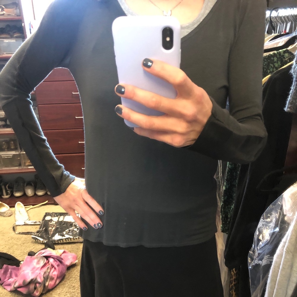 Dark green scoop neck shirt with black leather